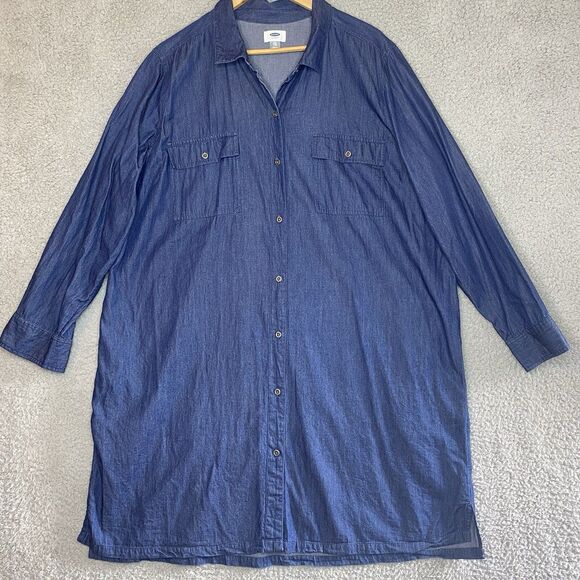 Old Navy Chambray Shirt Dress Women’s XXL Dark Blue Long Sleeve Popover Cowgirl - Picture 1 of 15